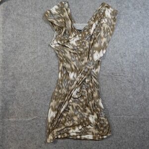 Yigal Azrouel‎ Dress Womens 2 Mini Drapey V Neck Bodycon Tan Geometric Print
